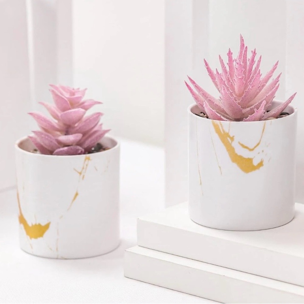 White Marble Mini Pot with Pink Succulent Accent - Home Accents